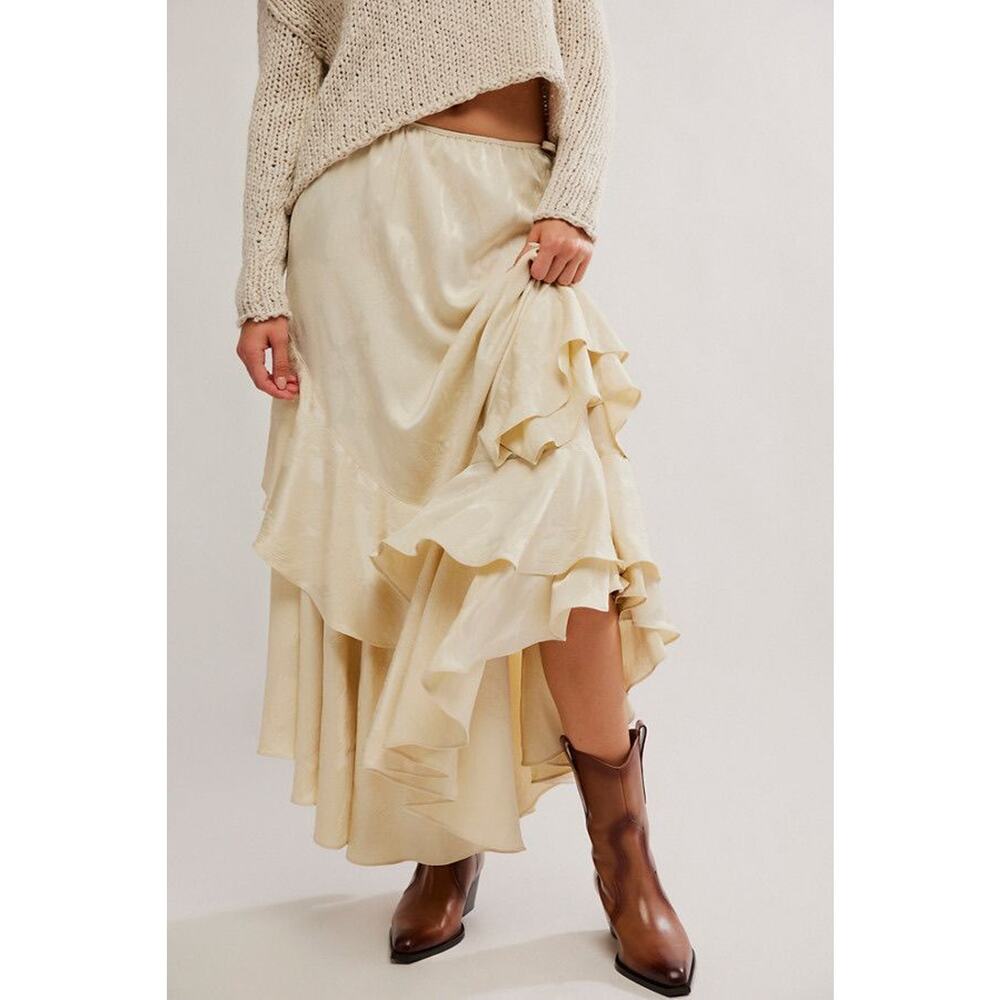 NWT Free People Autumn Promenade Ruffle Maxi Skirt Ivory Size 2 - Picture 3 of 9